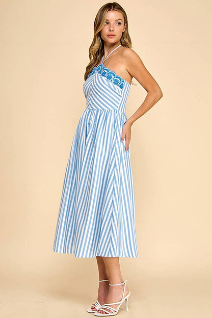 Scalloped halter neckline midi dress with embroidery detail