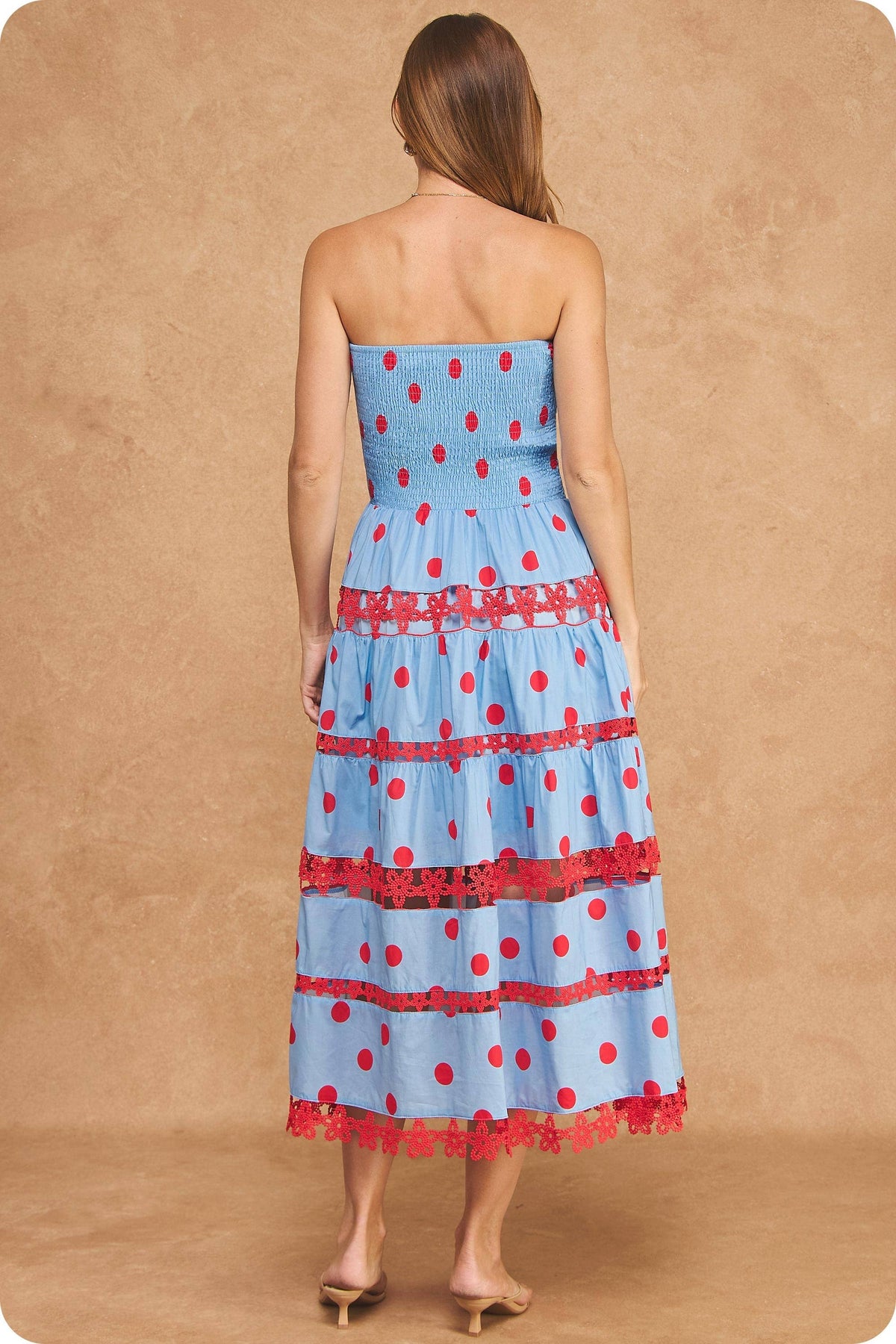 Polka Dot Lace Trim Detail Tube Long Dress
