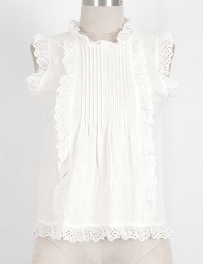 Ladies Boho Eyelet Lace Pleated Round Neck Sleeveless Babydoll Top