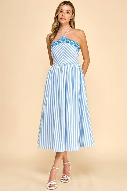 Scalloped halter neckline midi dress with embroidery detail