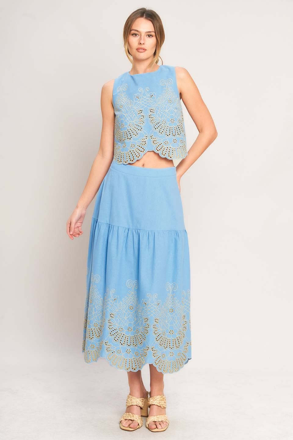solid woven eyelet midi skirt - IK7763T