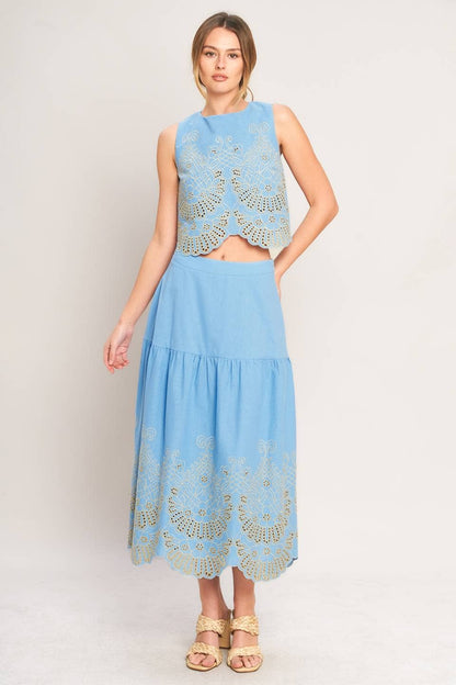 solid woven eyelet midi skirt - IK7763T