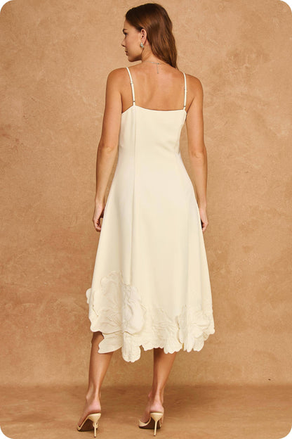 3D Floral Appliqué Sleeveless Square Neck Midi Dress