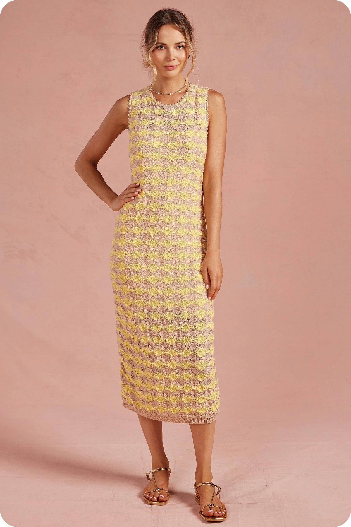 Scalloped Wavy Stripe Knit Sleeveless Midi Dress