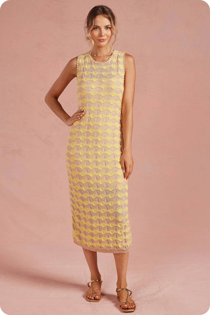 Scalloped Wavy Stripe Knit Sleeveless Midi Dress