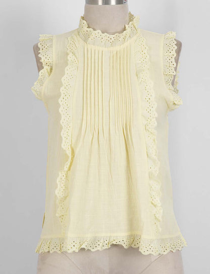 Ladies Boho Eyelet Lace Pleated Round Neck Sleeveless Babydoll Top