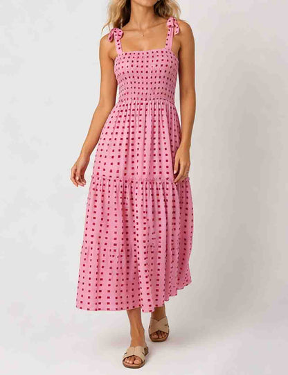 Ladies Abstract Print Smocked Tie Strap Square Neck Midi Dress