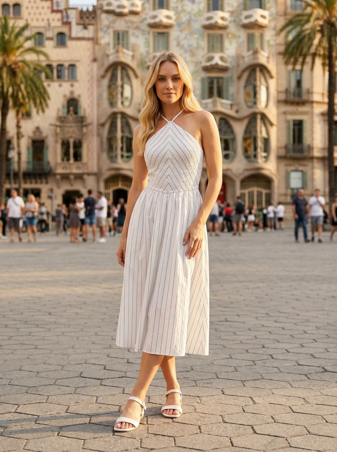 Stripe Halter Neckline Midi Dress