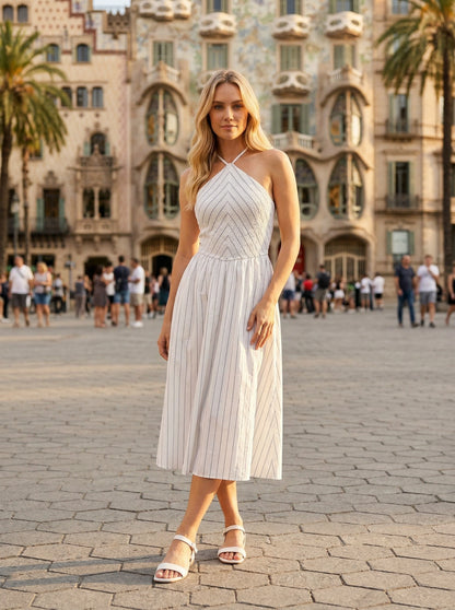 Stripe Halter Neckline Midi Dress