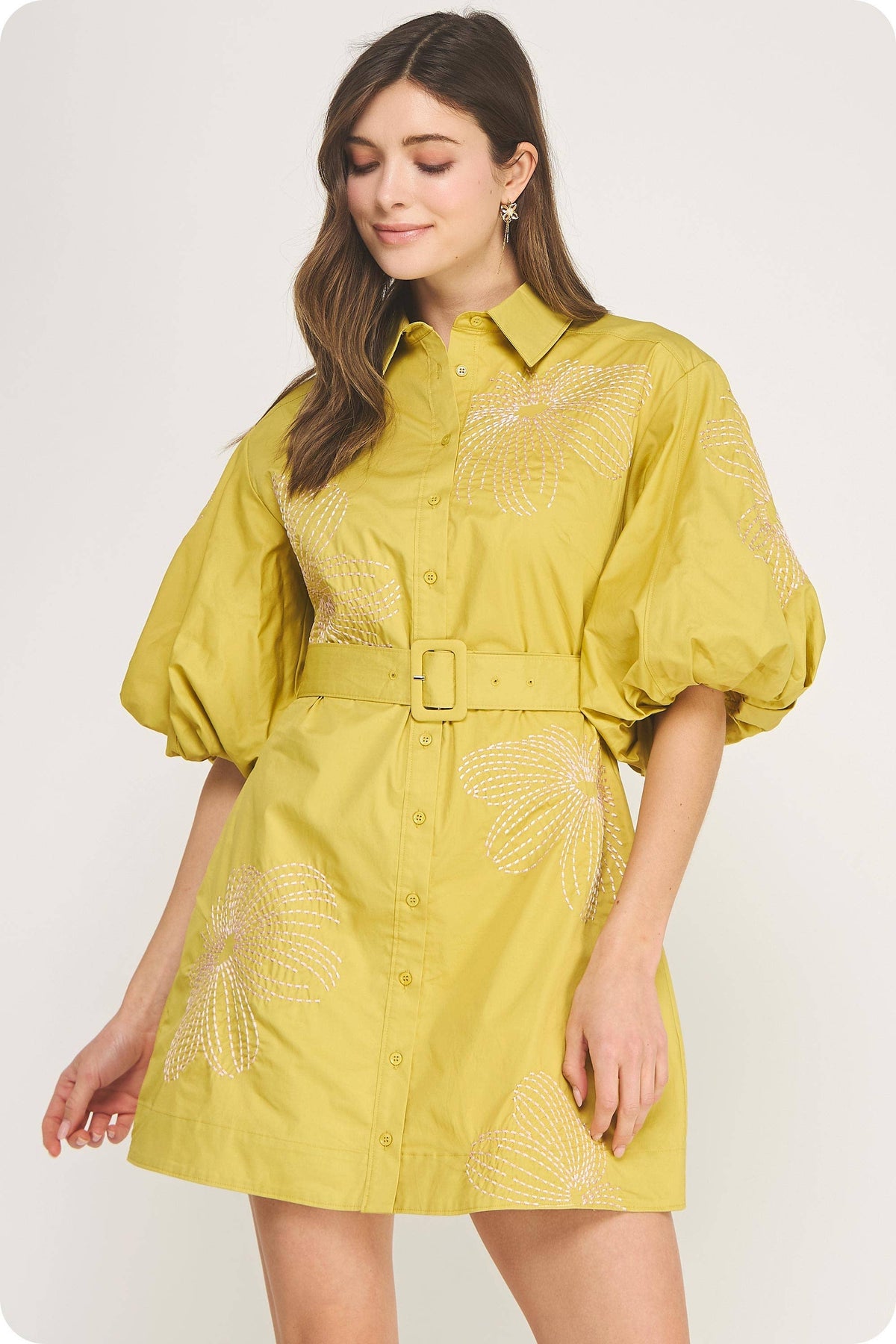 Embroidered Puff Sleeve Belted Mini Shirt Dress