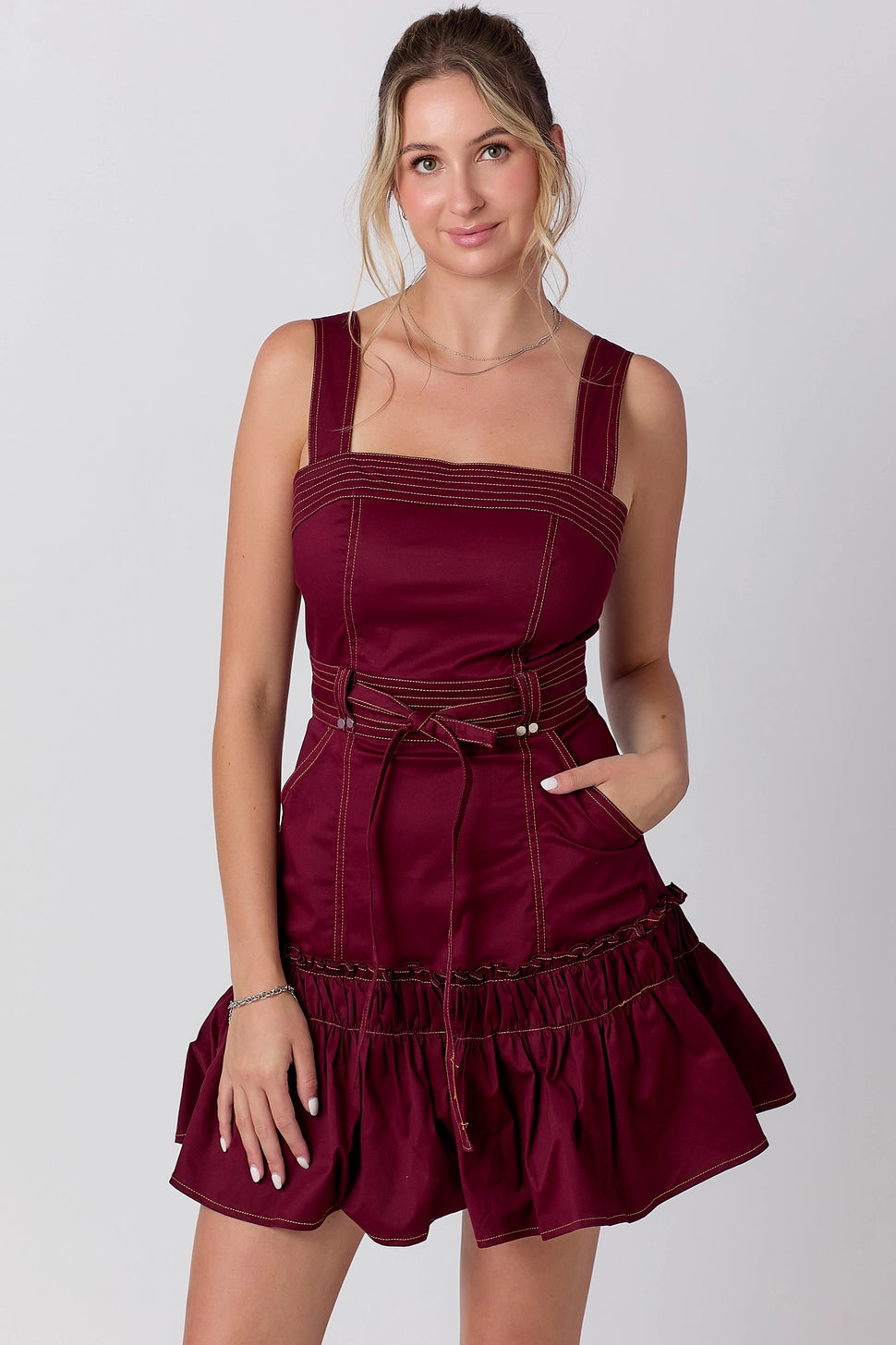 Belted Ruffle and Stitch Mini Dress