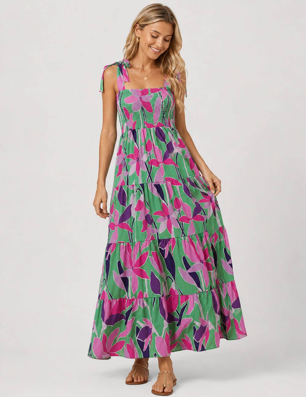 Ladies Abstract Print Smocked Tie Strap Square Neck Midi Dress