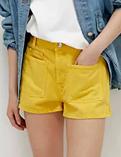 Ladies Solid Color Button Pocket Shorts