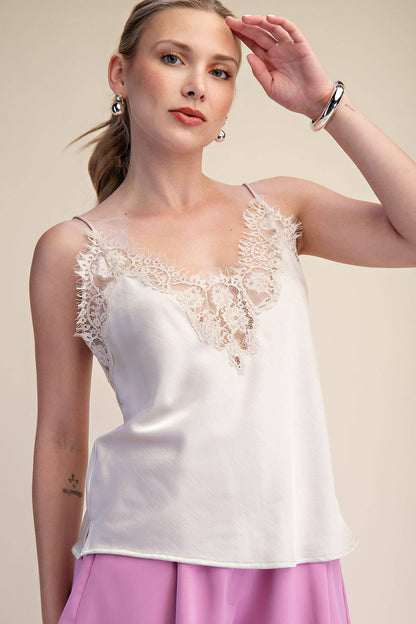 V-Neckline Lace Satin Cami Top