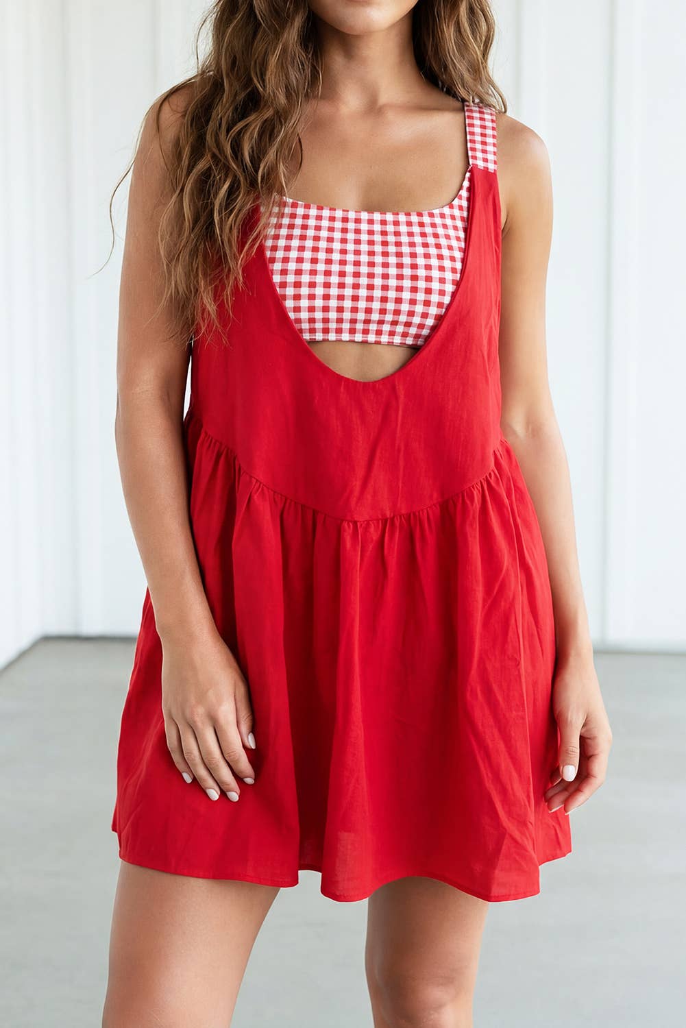 LAS Romper Inside Patchwork Gingham Mini Dress (S-XL)