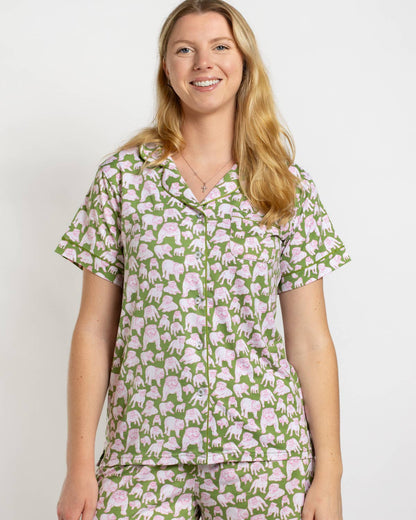 Chelsea Bulldog  Short Sleeve Button Up Sleep Shirt   Green/Pink/White   -Asst.