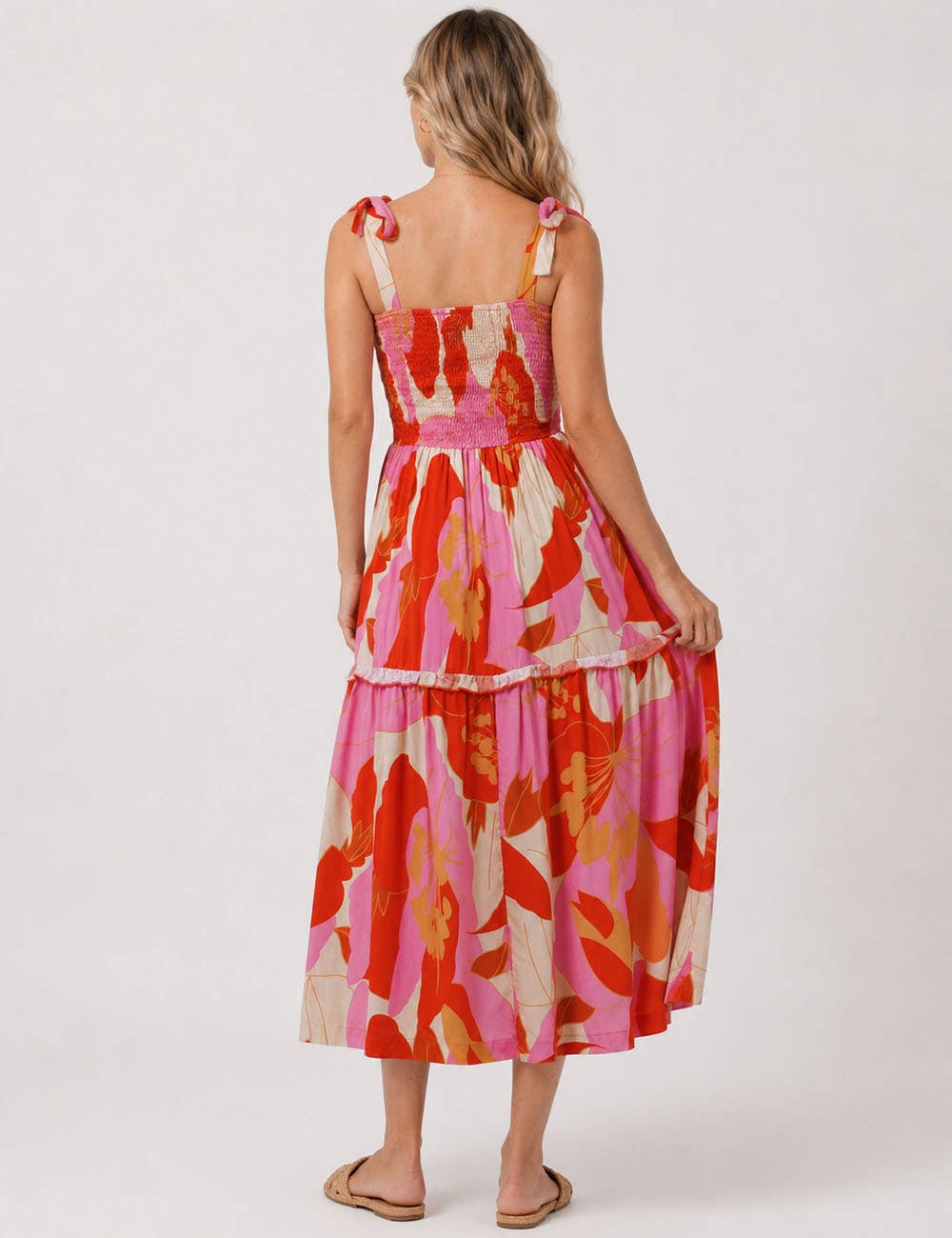 Ladies Abstract Print Smocked Tie Strap Square Neck Midi Dress