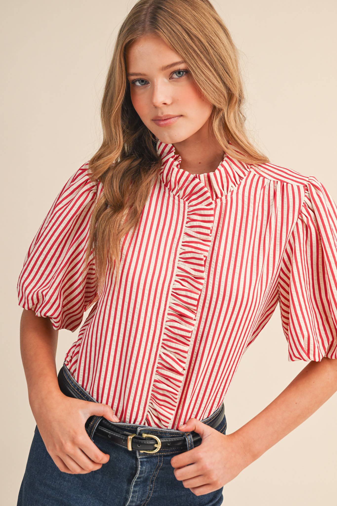 STRIPED RUFFLED BUTTON DOWN TOP MTP4692
