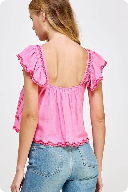 Embroidery Sleeveless Linen Top