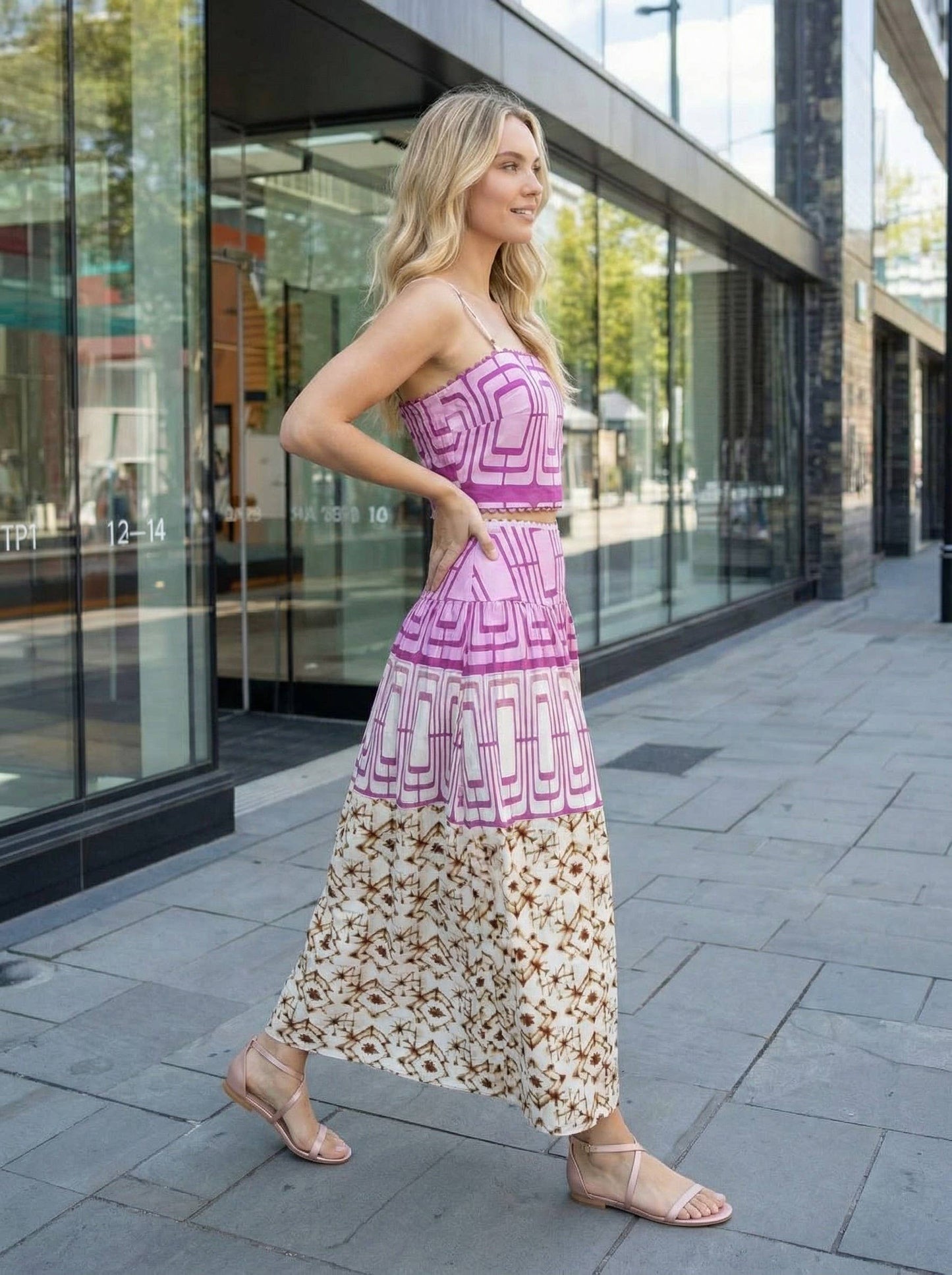 Geometric printed crop top and midi skirt set