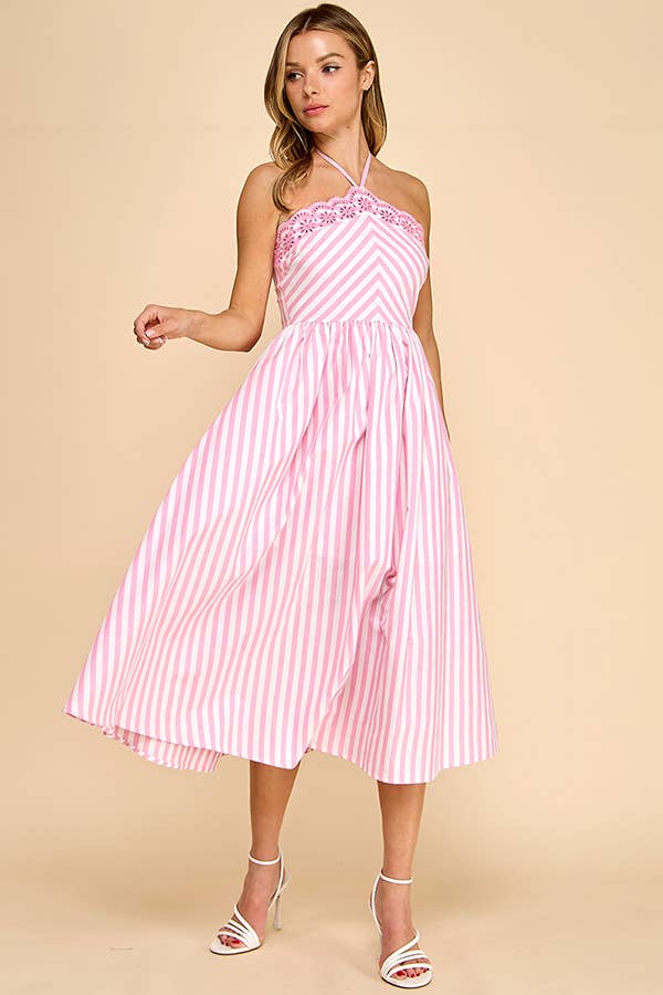 Scalloped halter neckline midi dress with embroidery detail