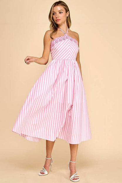 Scalloped halter neckline midi dress with embroidery detail
