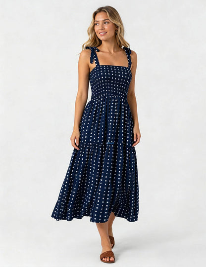 Ladies Abstract Print Smocked Tie Strap Square Neck Midi Dress