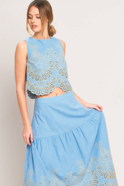 solid woven eyelet midi skirt - IK7763T