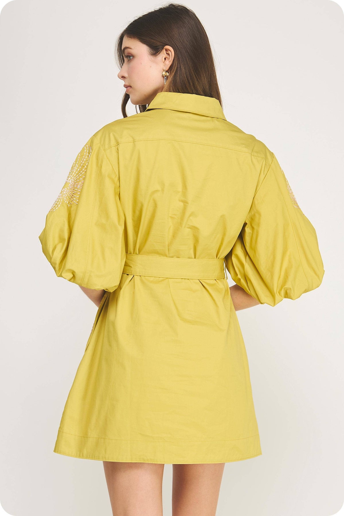 Embroidered Puff Sleeve Belted Mini Shirt Dress