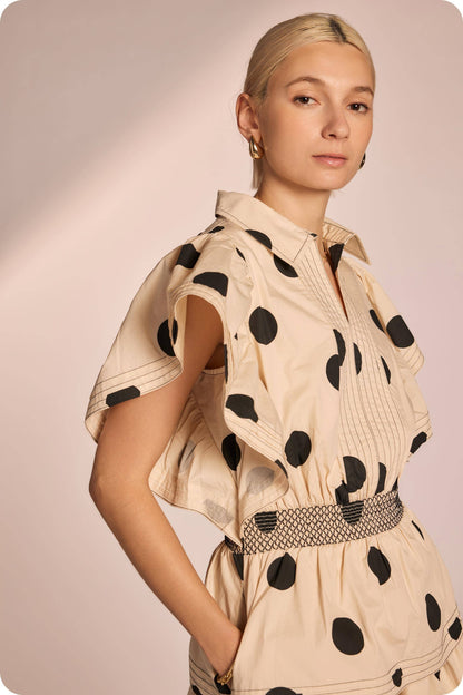 Top Stitch Statement Sleeve Polka Dot Mini Dress