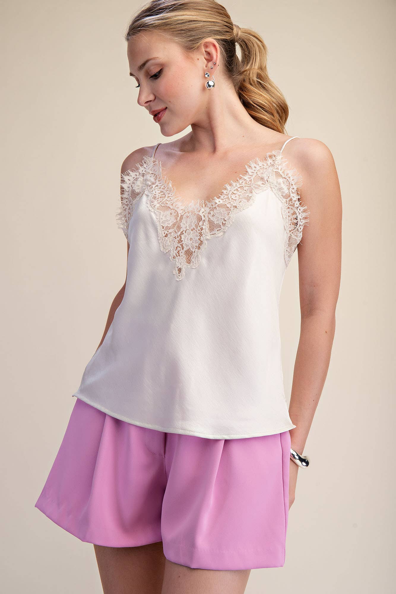 V-Neckline Lace Satin Cami Top