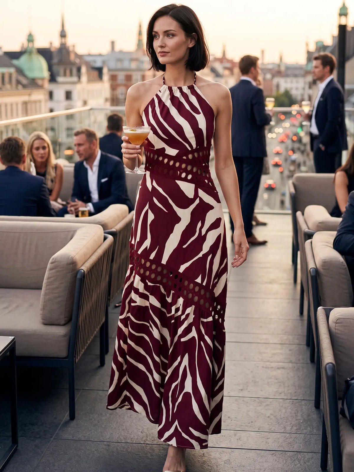 Zebra Print Halter Eyelet Trim Drop Waist Maxi Dress