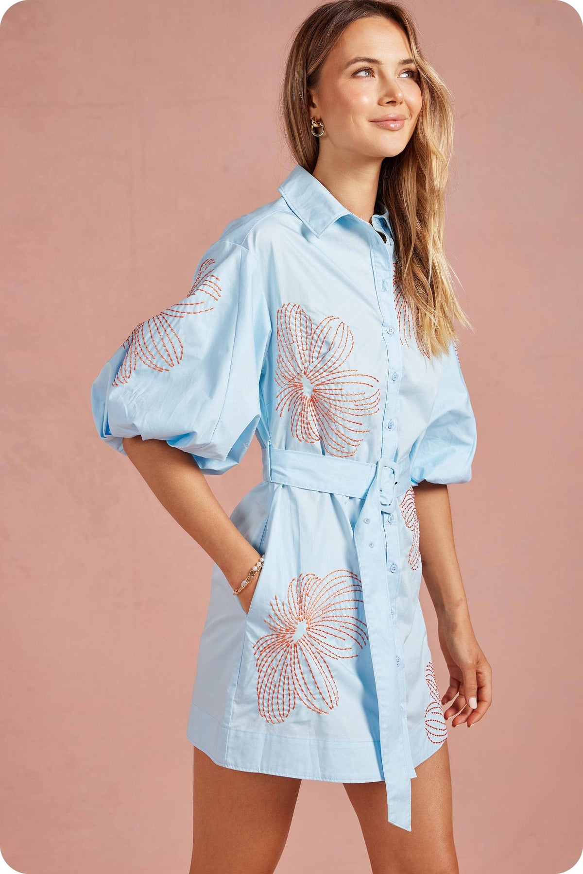 Embroidered Puff Sleeve Belted Mini Shirt Dress