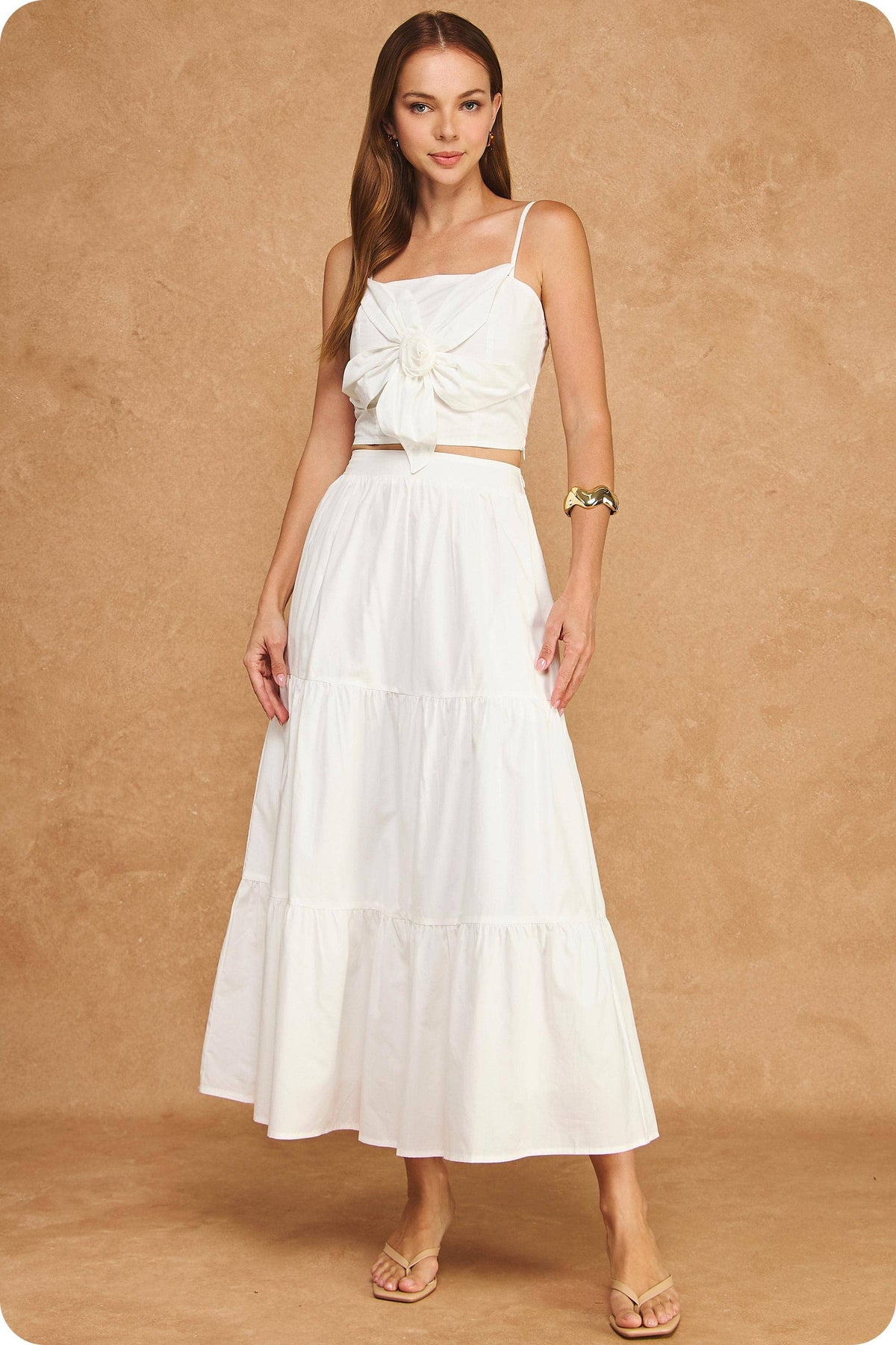 Flower Rosette Detail Crop Top & Tiered Midi Skirt Set