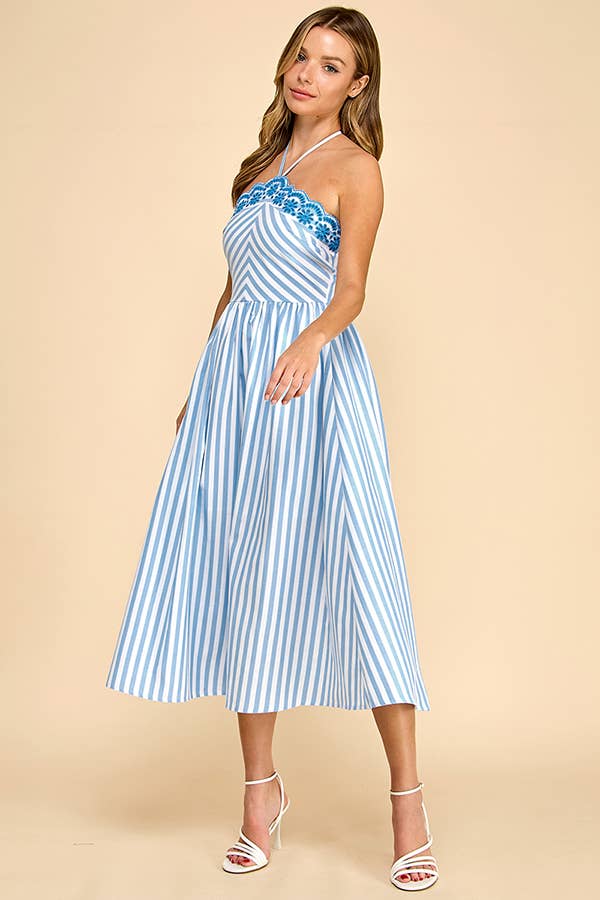 Scalloped halter neckline midi dress with embroidery detail