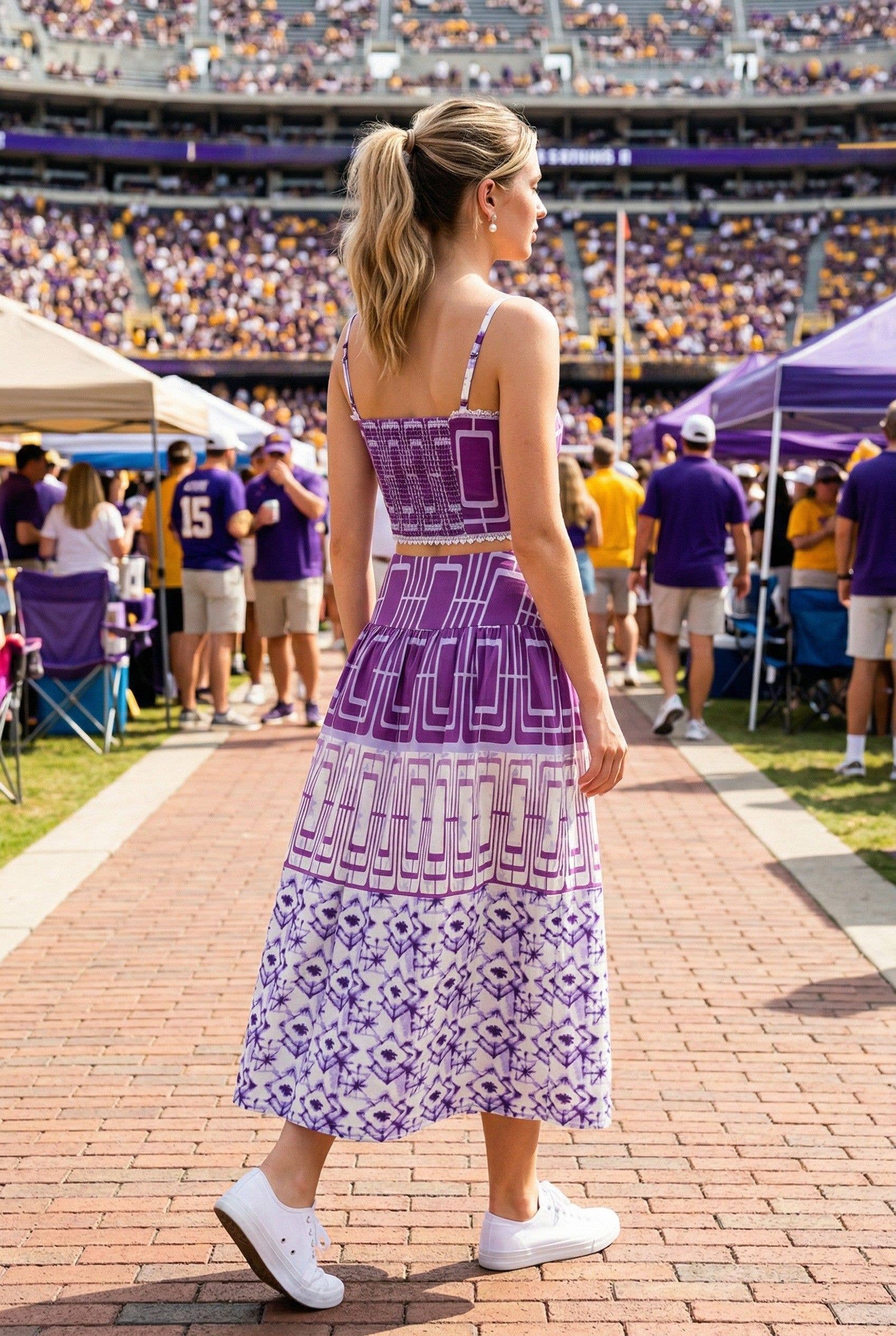 Geometric printed crop top and midi skirt set