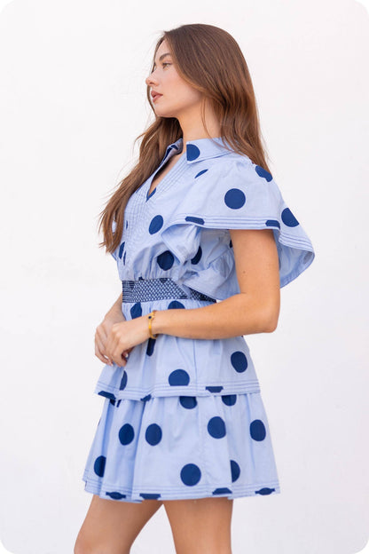 Top Stitch Statement Sleeve Polka Dot Mini Dress