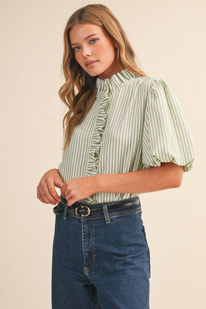 STRIPED RUFFLED BUTTON DOWN TOP MTP4692