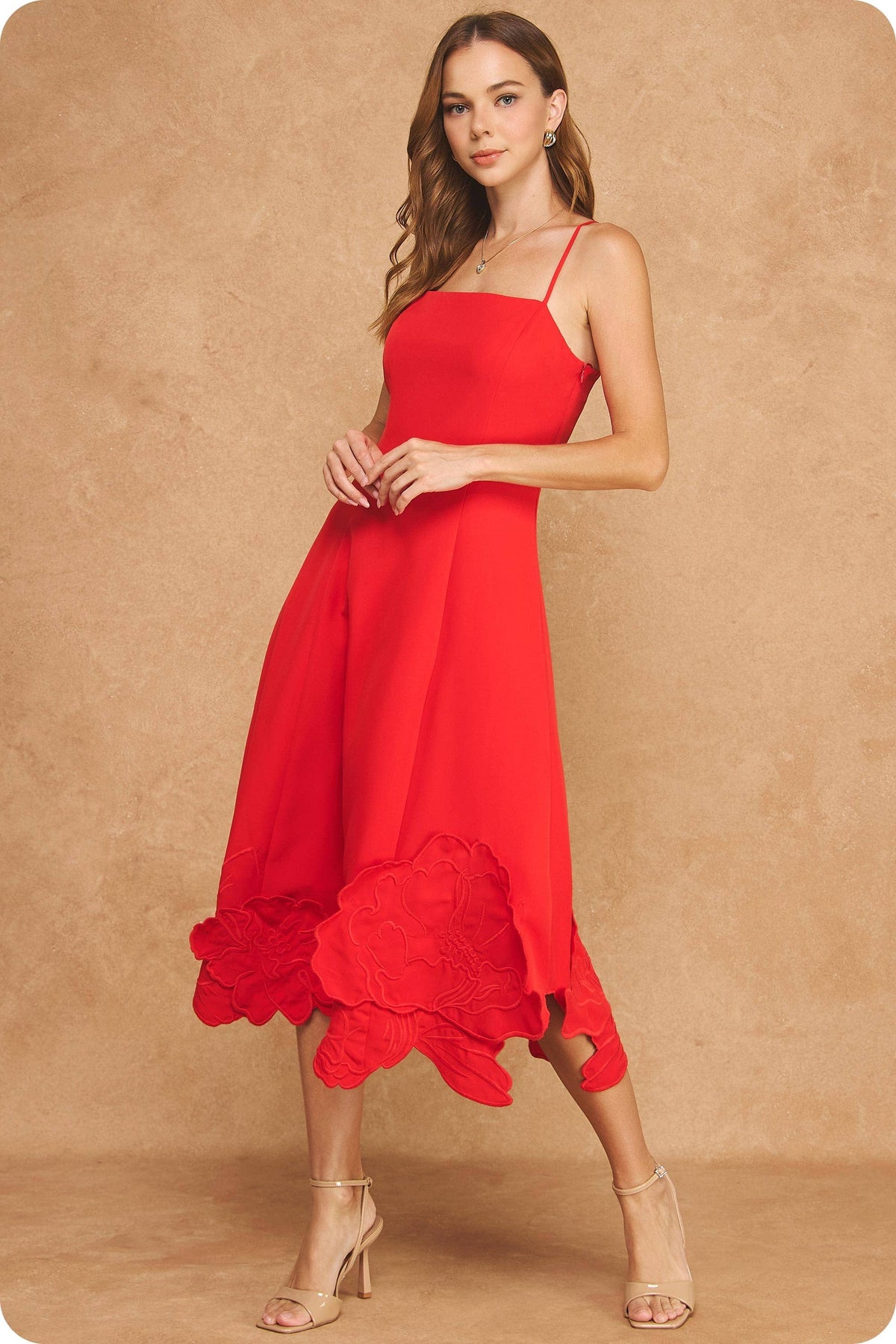 3D Floral Appliqué Sleeveless Square Neck Midi Dress