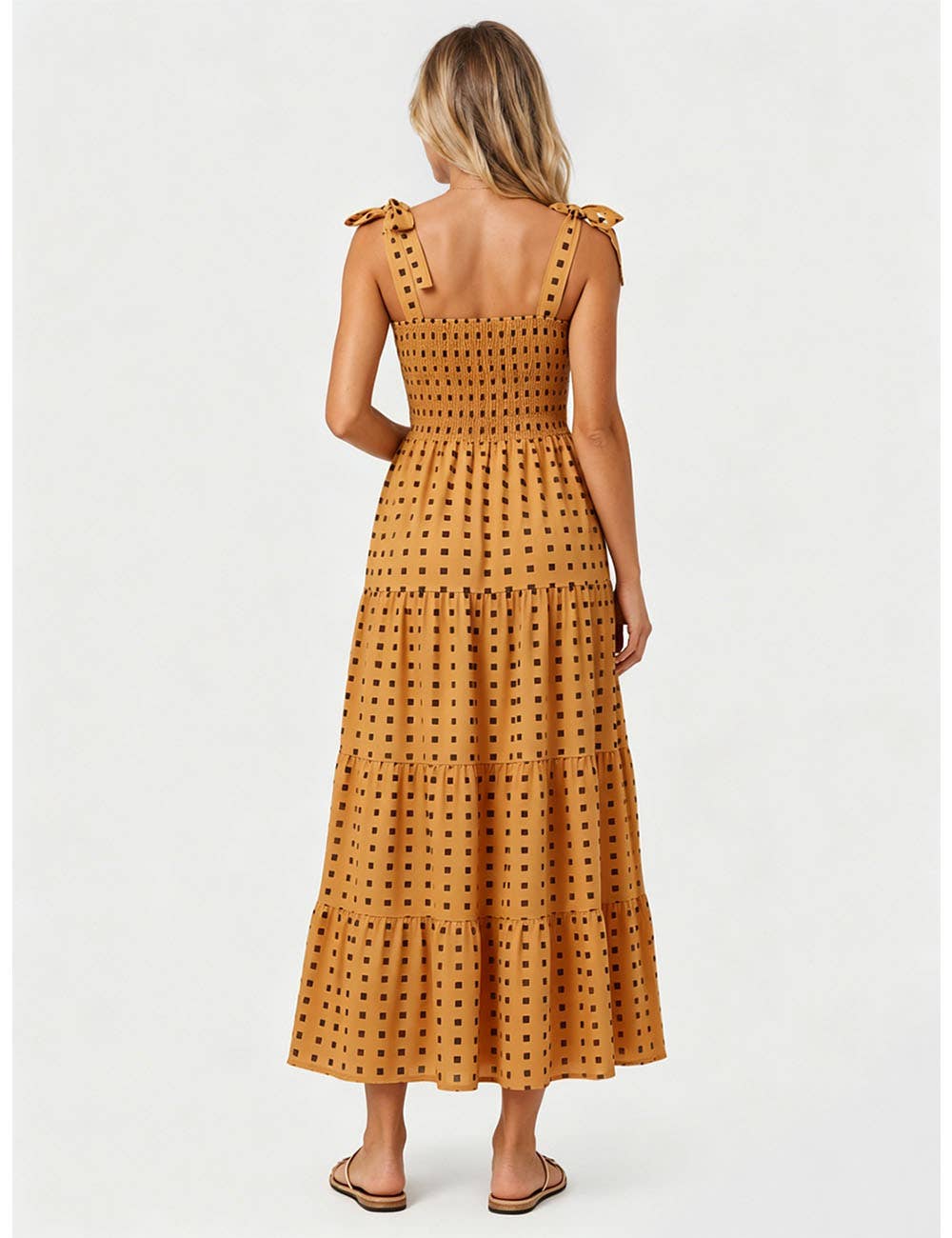 Ladies Abstract Print Smocked Tie Strap Square Neck Midi Dress