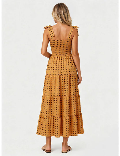 Ladies Abstract Print Smocked Tie Strap Square Neck Midi Dress