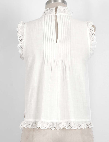 Ladies Boho Eyelet Lace Pleated Round Neck Sleeveless Babydoll Top