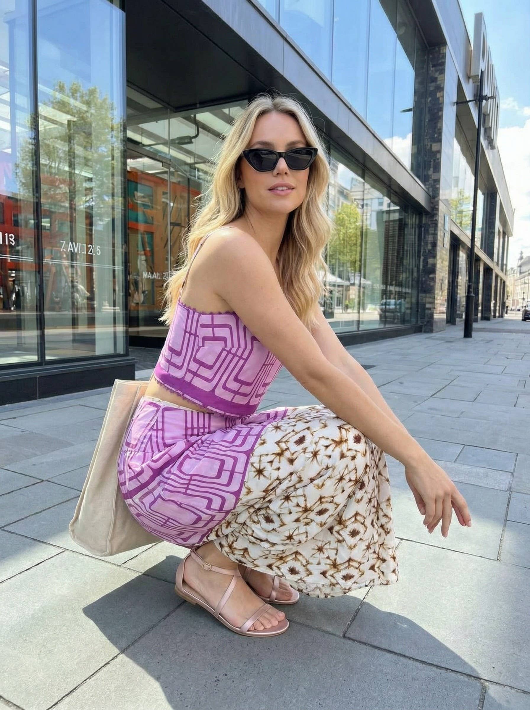 Geometric printed crop top and midi skirt set