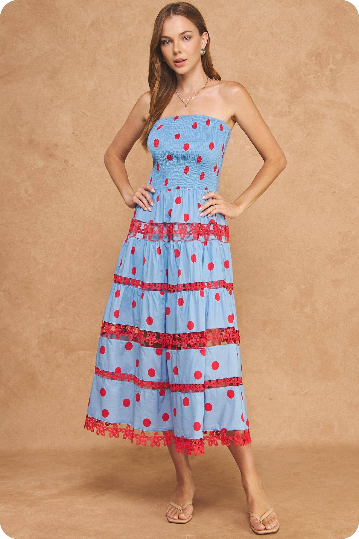 Polka Dot Lace Trim Detail Tube Long Dress