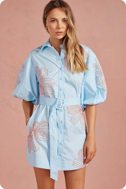 Embroidered Puff Sleeve Belted Mini Shirt Dress