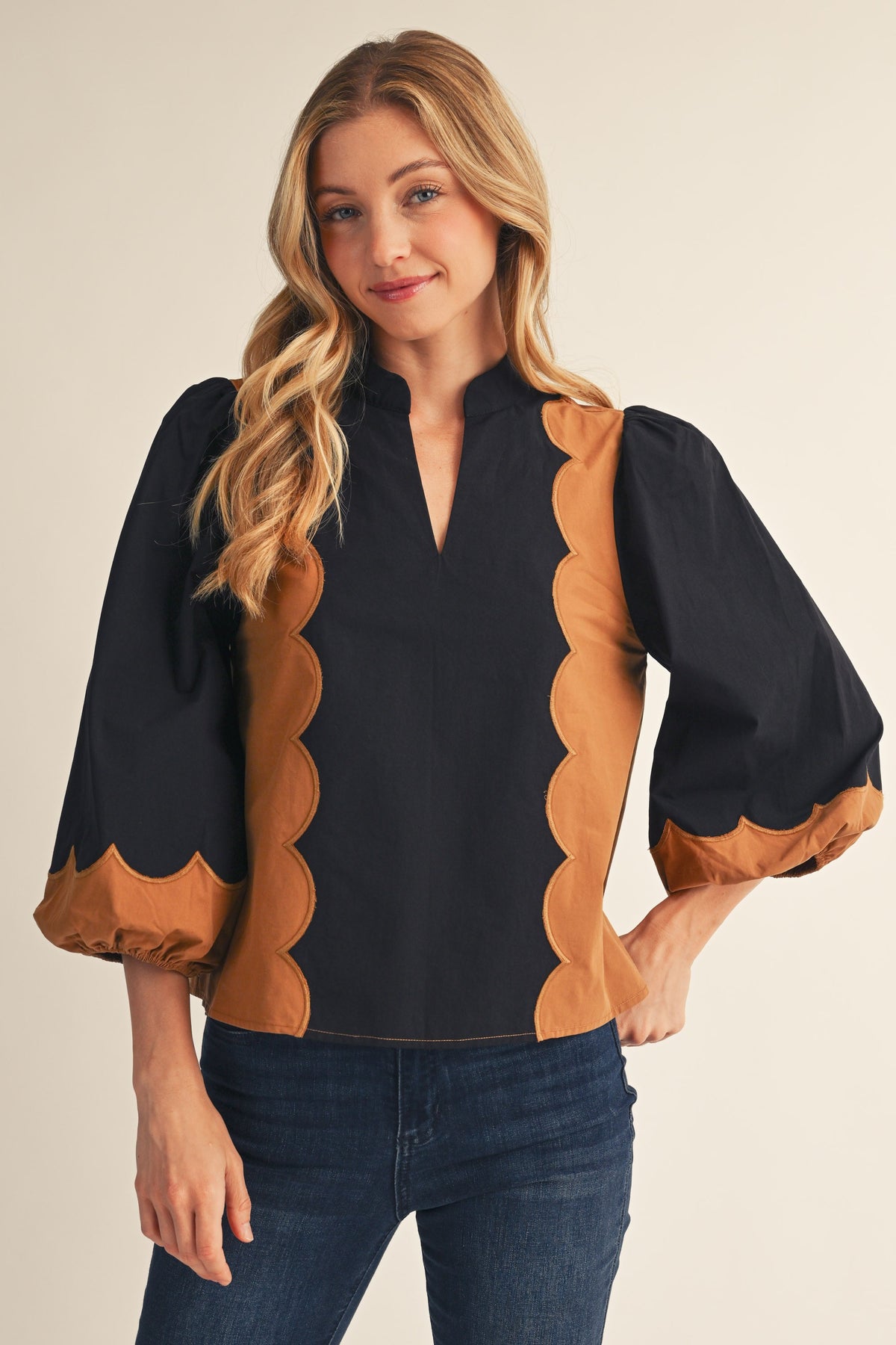 Embroidered Scallop Line Detail Color Block Top