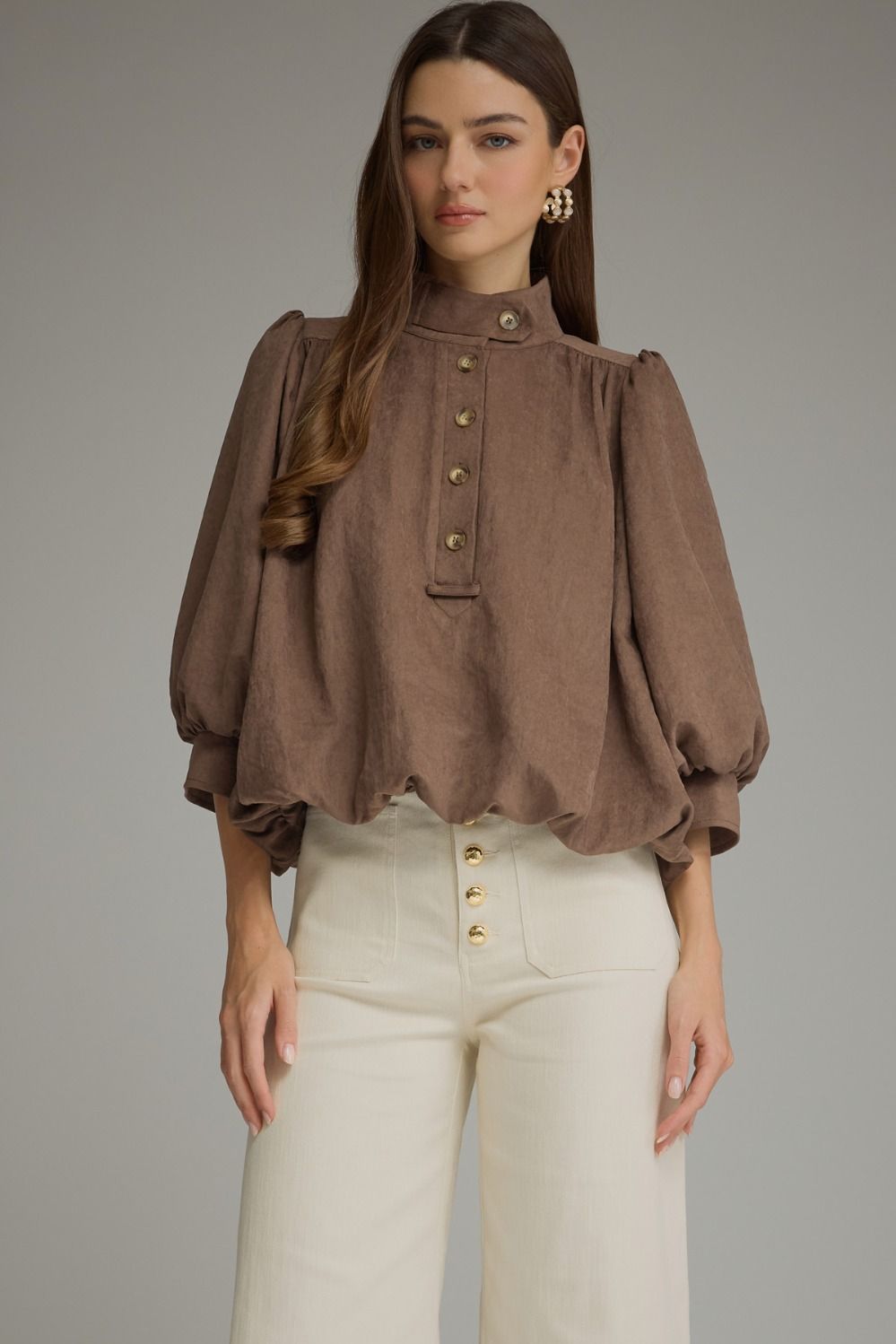 Bubble Sleeve Stand Collar Top