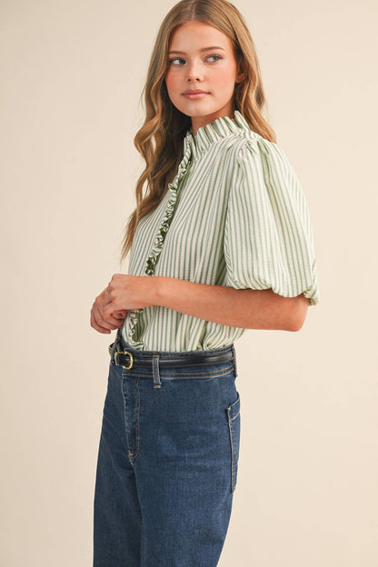 STRIPED RUFFLED BUTTON DOWN TOP MTP4692