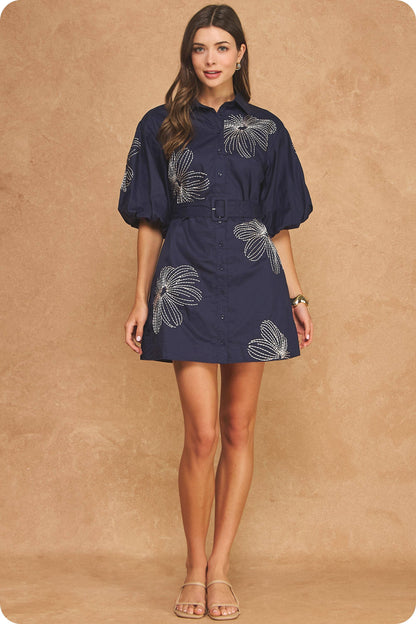 Embroidered Puff Sleeve Belted Mini Shirt Dress