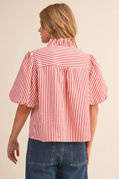STRIPED RUFFLED BUTTON DOWN TOP MTP4692